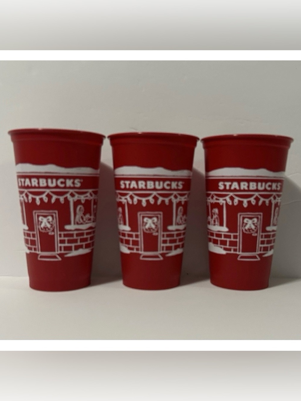 Starbucks 2025 Red Holiday Reusable Cups - Trio with White Festive Print 16oz